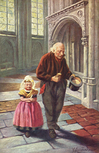 603265 Afbeelding van een vader en dochter in het koor van de Domkerk te Utrecht; op de achtergrond het Heilig Graf.